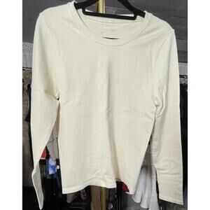 OQQ Shirt Womens Large Long Sleeve Top Crew Neck Stretch Fitted Cream Nylon